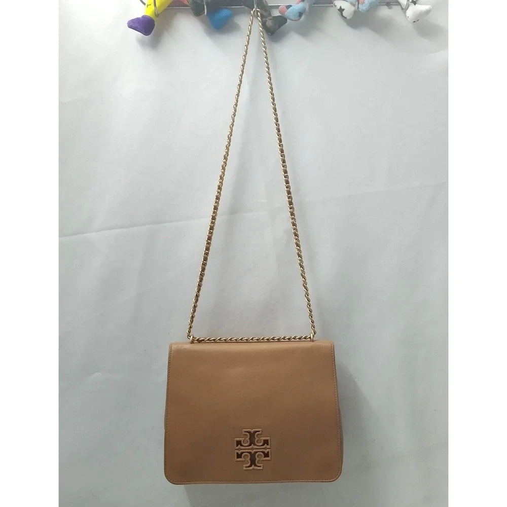 Tory Burch Tan Leather Block T Chain Strap Crossbody Shoulder Bag